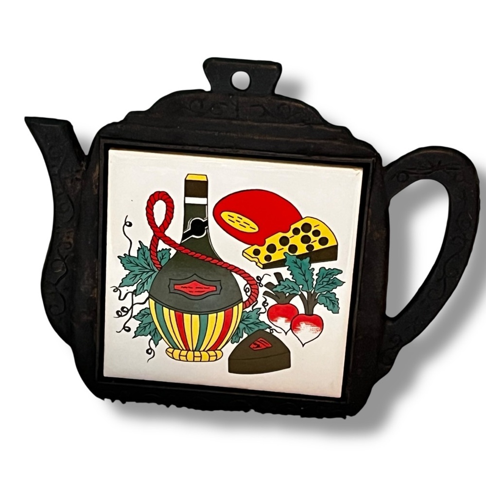 Seven Star Trivet Cast Iron Ceramic Tile Teapot Shape Wine Cheese Design Vintage
